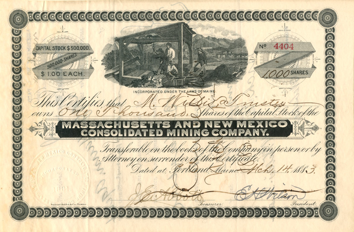Massachusetts and New Mexico Consolidated Mining Co. - Stock Certificate